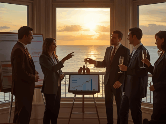 Équipe d'entreprise célébrant son bilan de fin d'année lors d'un séminaire à Arcachon avec vue sur le Bassin