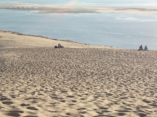 Des personnes assises sur le sable de la Dune du Pilat face à la mer, illustrant le cadre romantique d'un mariage à Arcachon