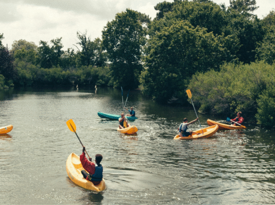Groupe de personnes en canoë et kayak au milieu d'une nature verdoyante, illustrant les balades et activités sur l'eau dans la région