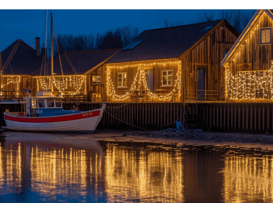 Village ostréicole illuminé pour Noël sur le Bassin d'Arcachon avec des reflets féériques sur l'eau